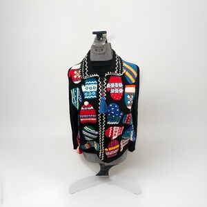 Vintage 1998 Michael Simon NY Winter Mittens Hats Black Cardigan Sweater‎ Medium